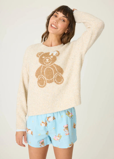 PJ Salvage Teddy Bear Graphic Snuggle Sweater Light Oatmeal