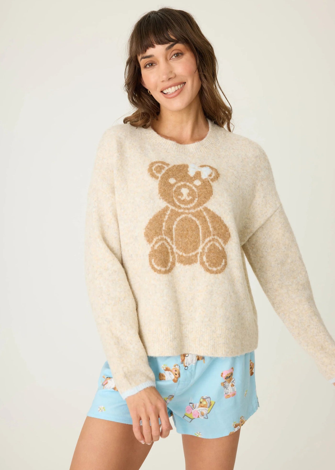 PJ Salvage Teddy Bear Graphic Snuggle Sweater Light Oatmeal