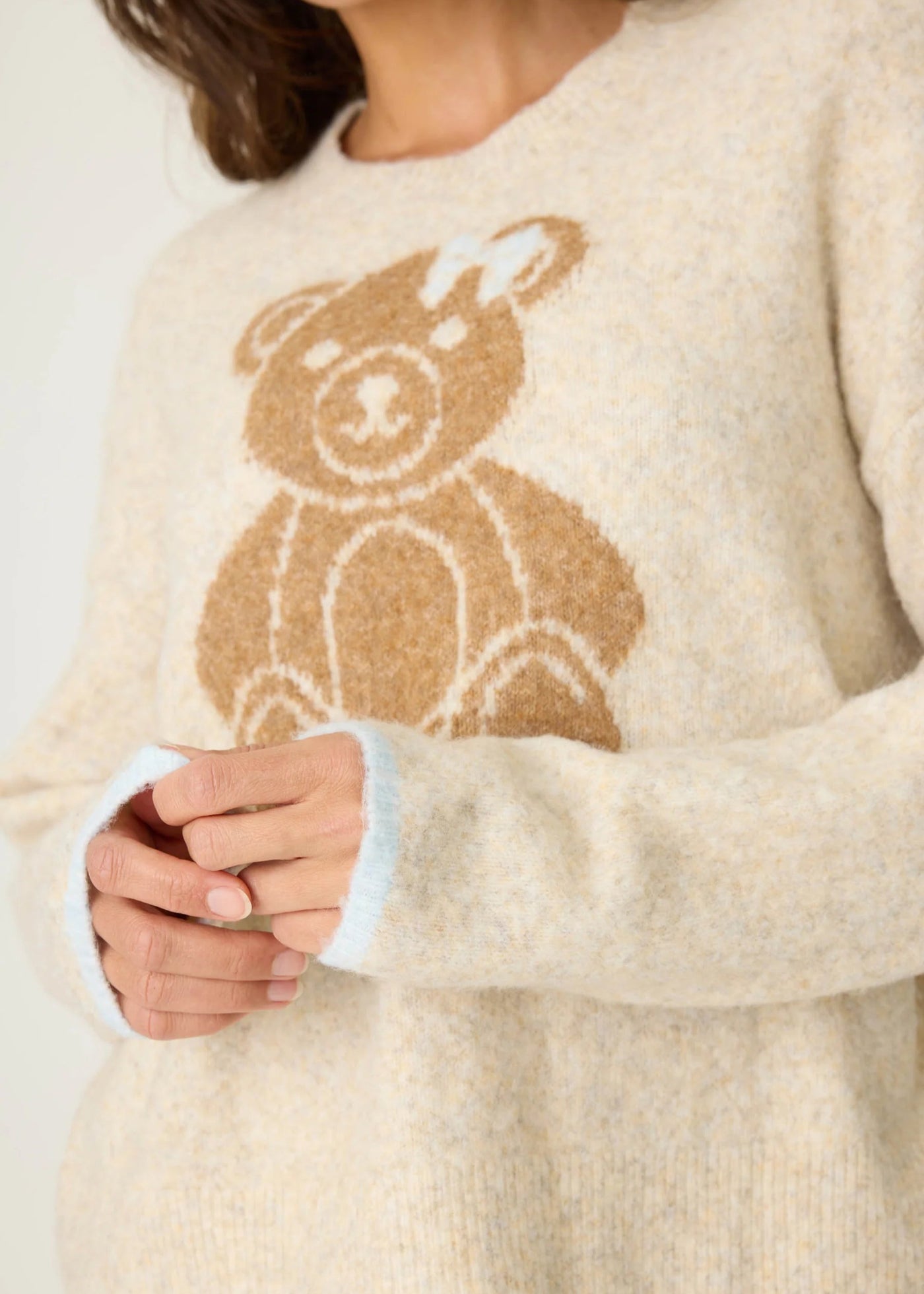 PJ Salvage Teddy Bear Graphic Snuggle Sweater Light Oatmeal