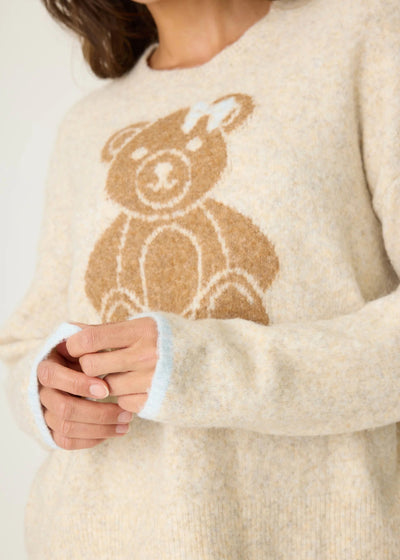 PJ Salvage Teddy Bear Graphic Snuggle Sweater Light Oatmeal