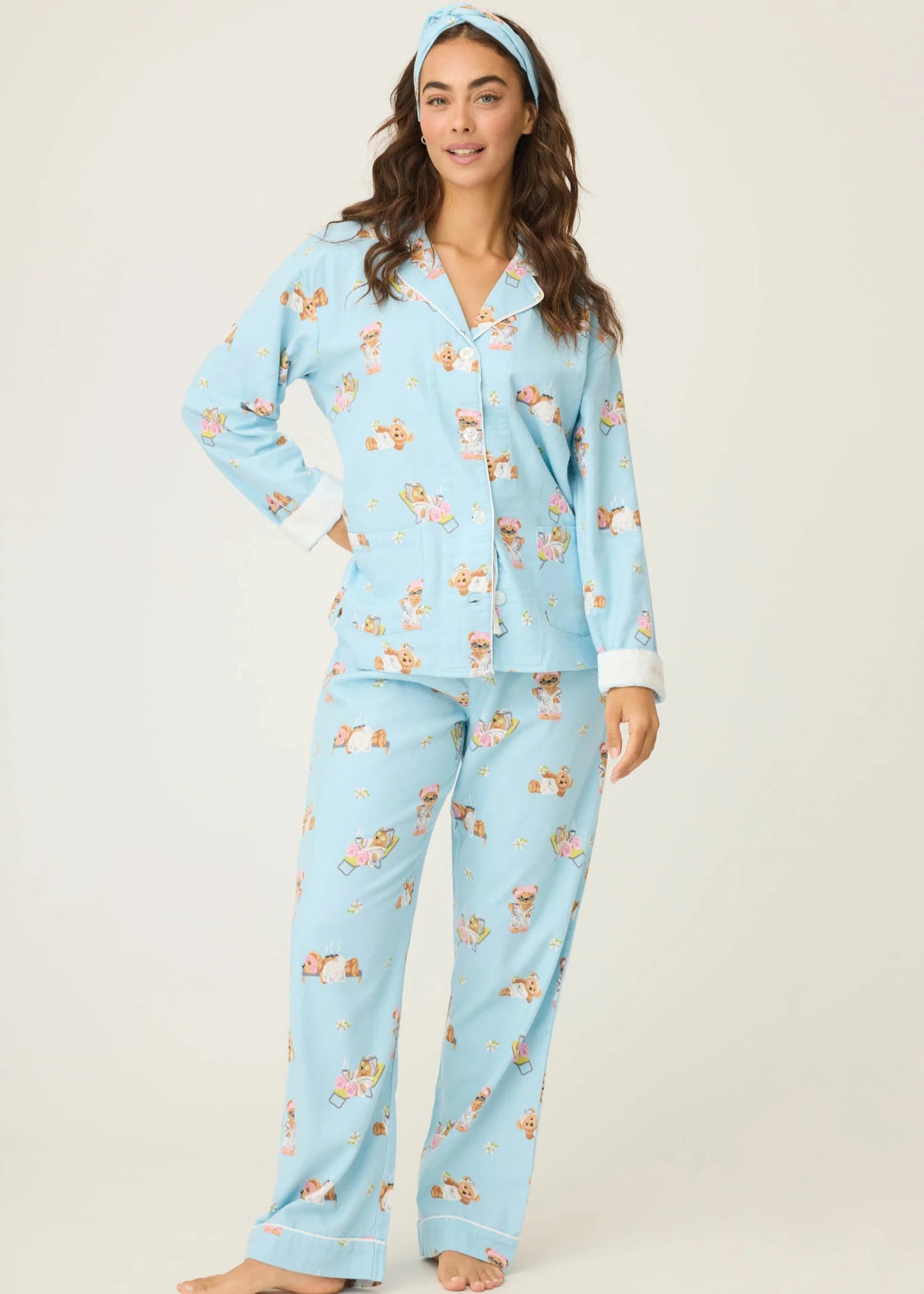 PJ Salvage Beary Cute Bear Print Flannel PJ Set Ice Blue