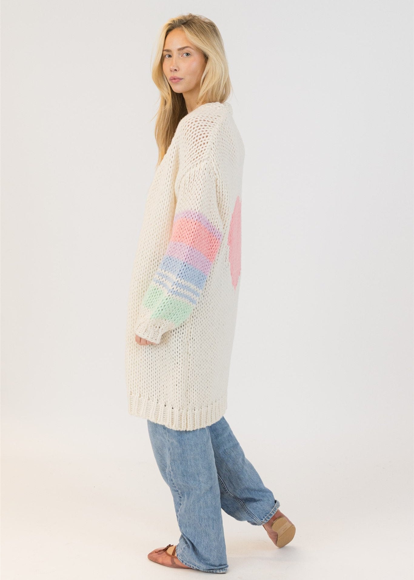 Lyla & Luxe Shiloh Heart Long Cardigan White/Multi Stripes