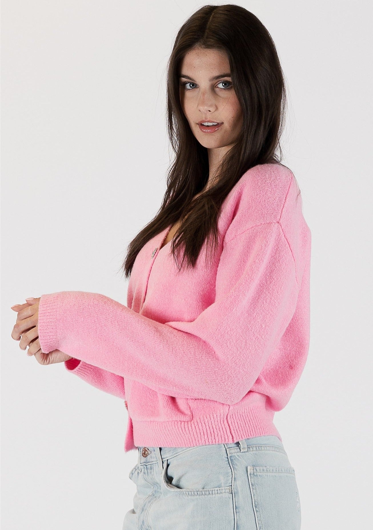 The Pink Door Knit Cardigan w/ Jewel Buttons - Pink