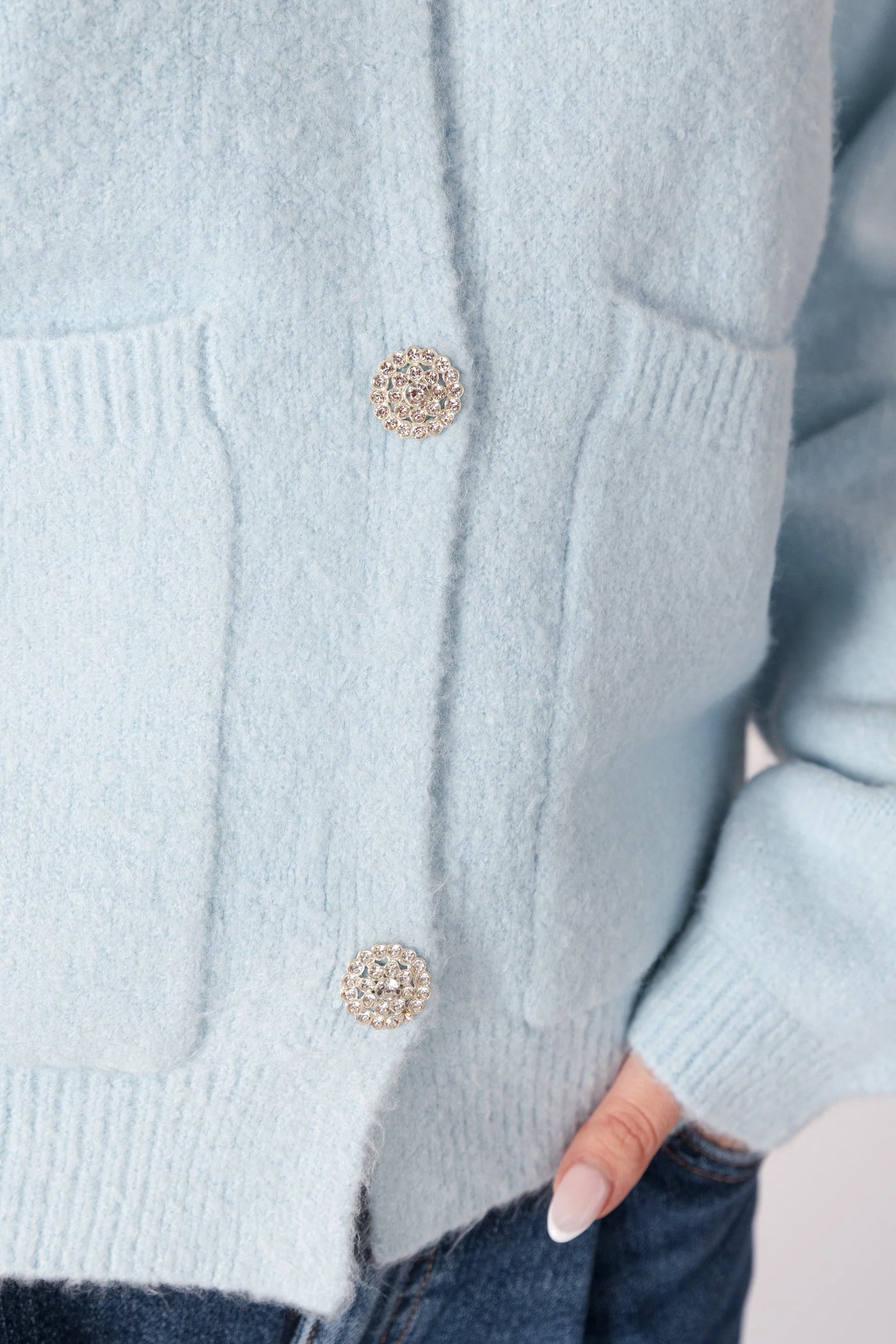 Lyla & Luxe Cardigan W/ Crystal Buttons Blue