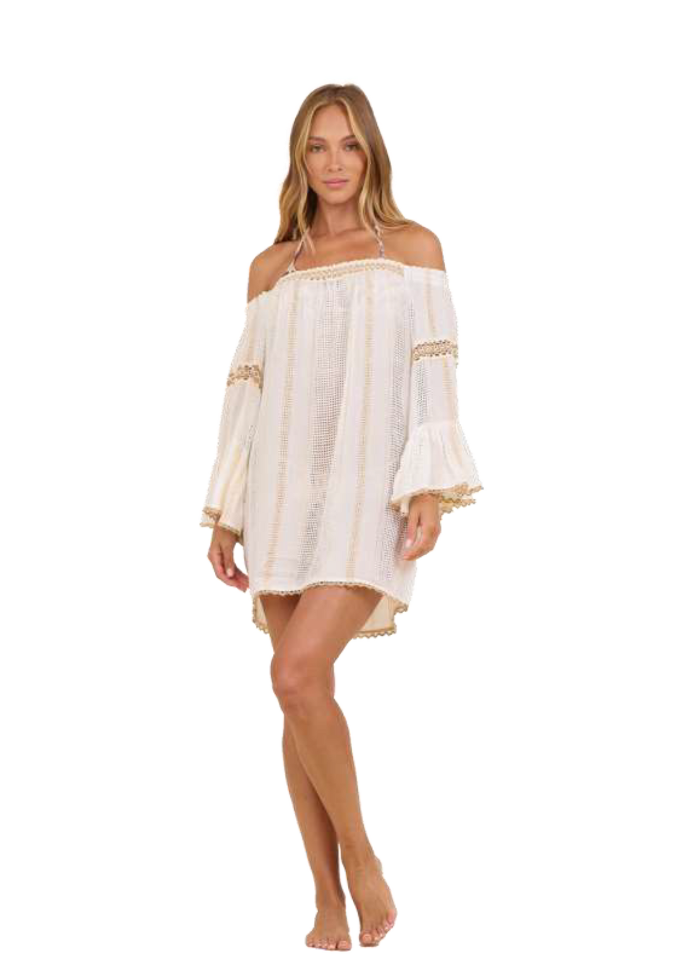 Surf Gypsy Off The Shoulder Natural Crochet Detail Dress White/Gold