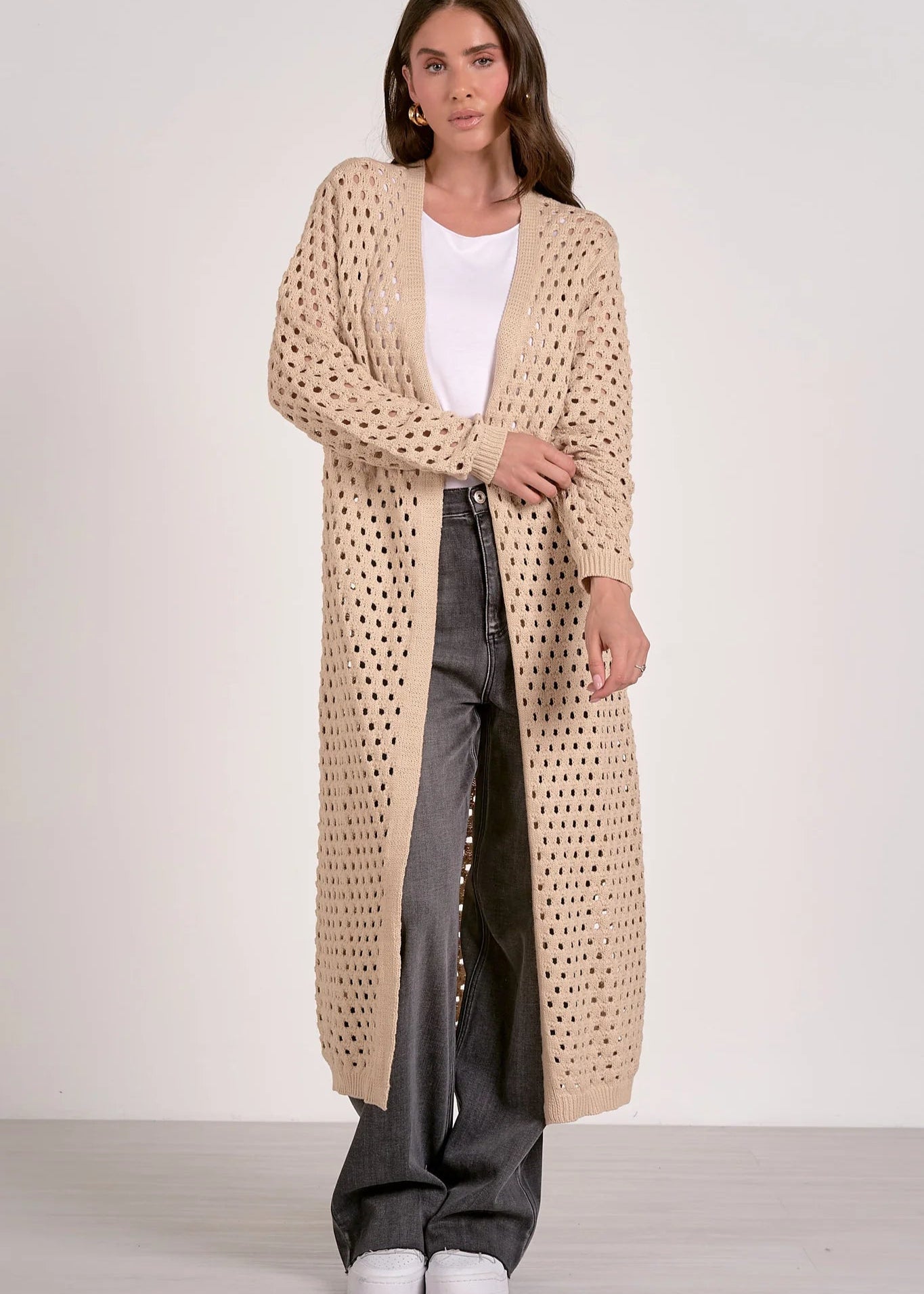 The Pink Door Perforated Knit Long Duster Sand