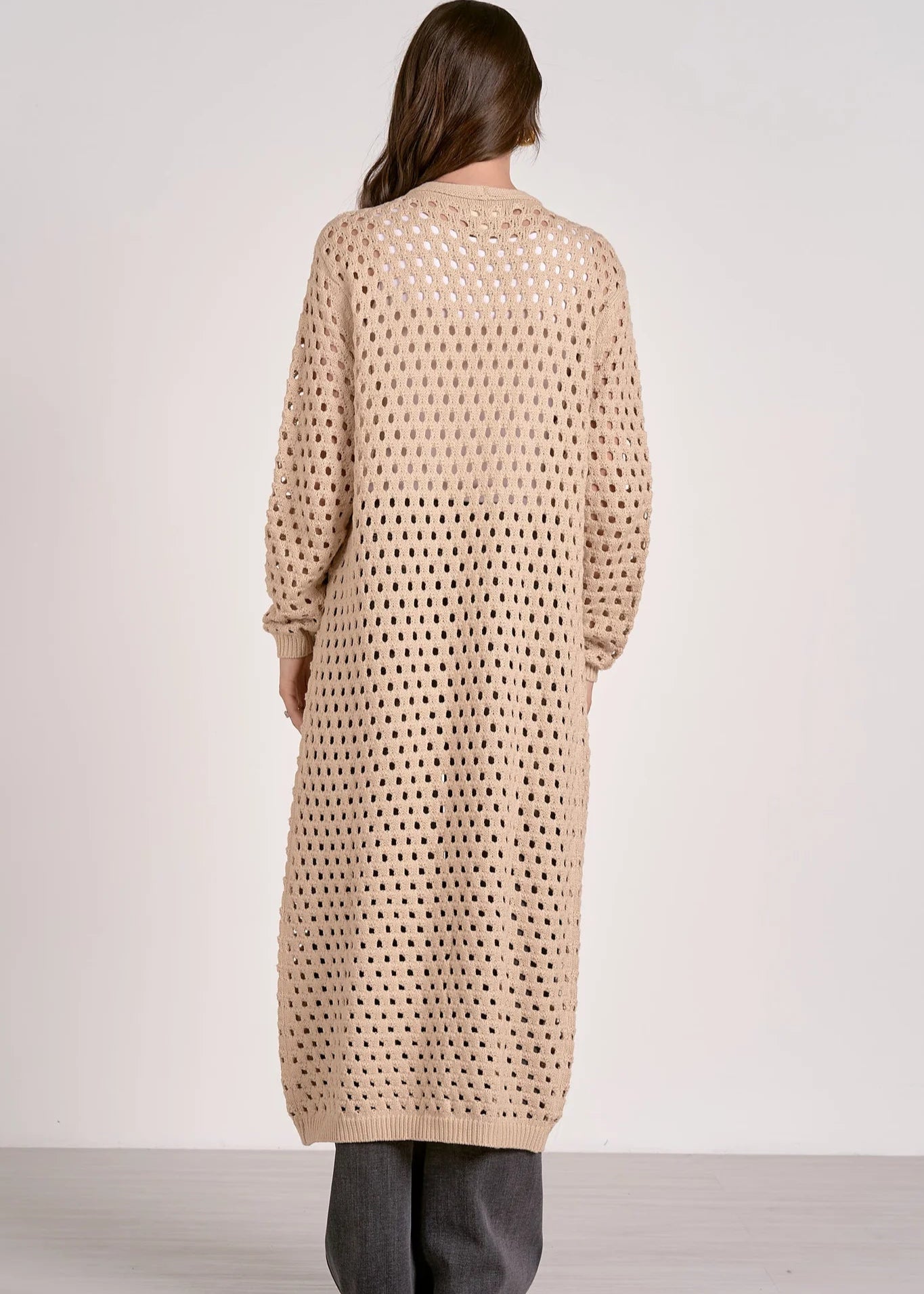 The Pink Door Perforated Knit Long Duster Sand