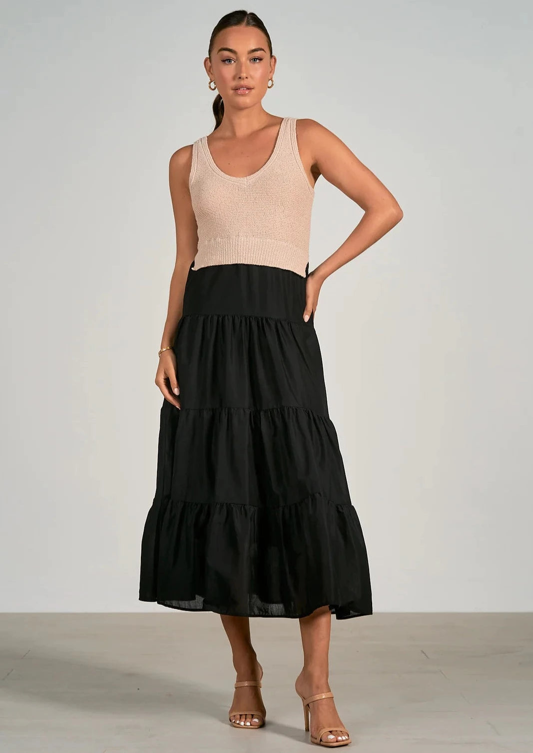 Elan Woven & Knit Maxi Dress - Black/Natural
