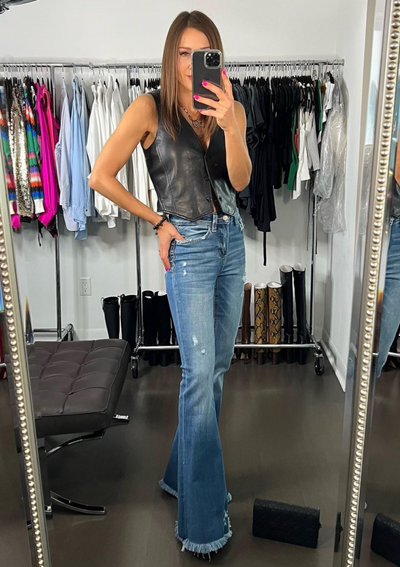 The Pink Door High Rise Flare Denim w/ Frayed Bottom