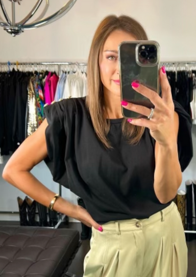 The Pink Door Padded Shoulder Top w/ Gold Buttons - Black