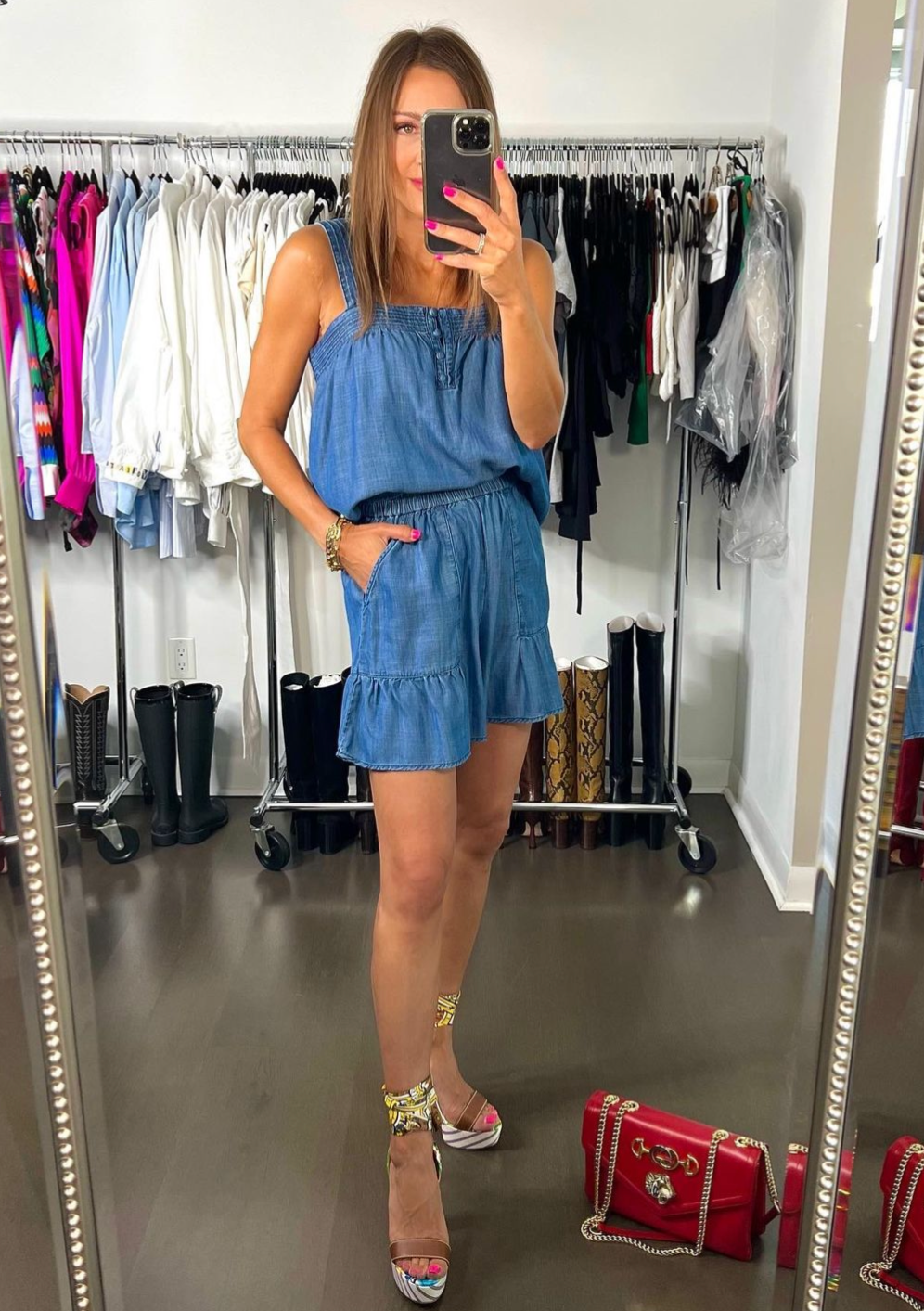 The Pink Door Chambray Ruffle Trim Shorts