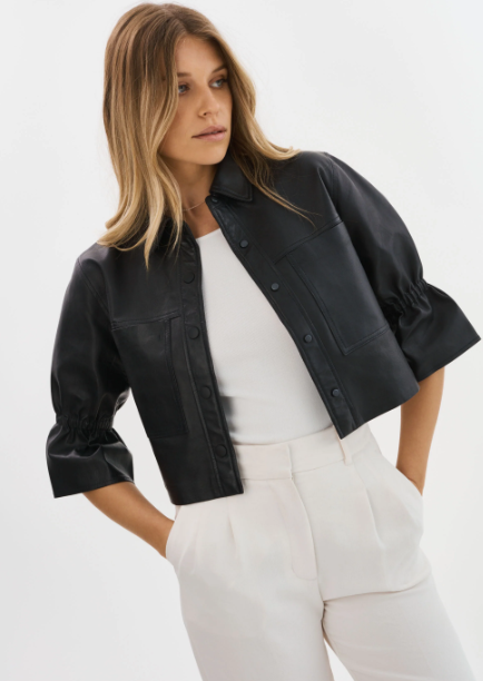 Lamarque Carolina Leather Ruffle Sleeve Jacket - Black 