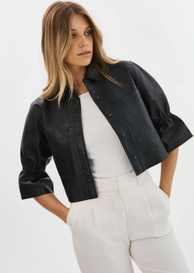 Lamarque Carolina Leather Ruffle Sleeve Jacket - Black 
