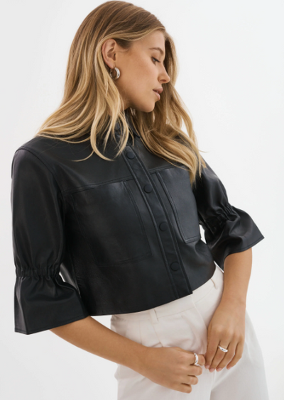 Lamarque Carolina Leather Ruffle Sleeve Jacket - Black