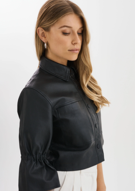 Lamarque Carolina Leather Ruffle Sleeve Jacket - Black