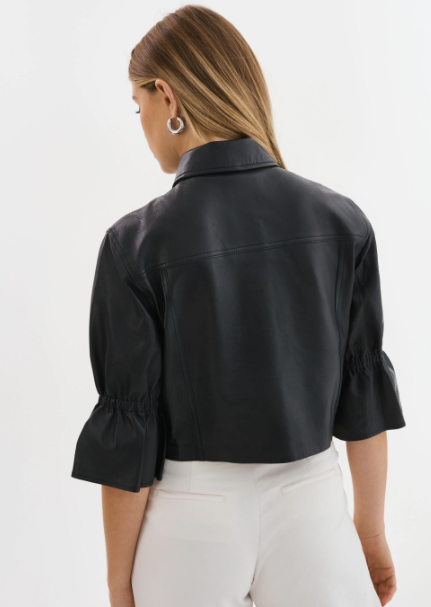 Lamarque Carolina Leather Ruffle Sleeve Jacket - Black