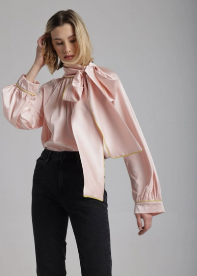 Lele Satin Bow Blouse w/ Yellow Piping Pink