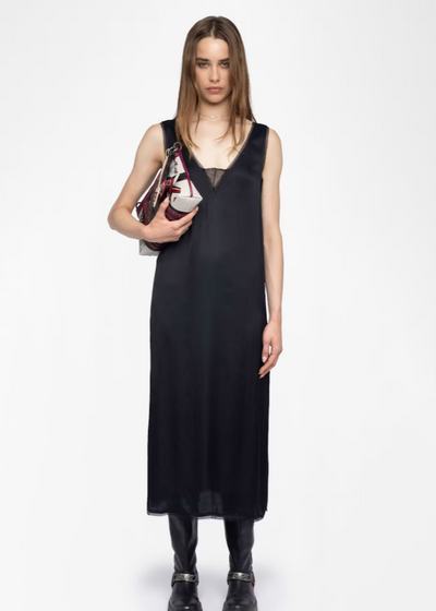 Zadig & Voltaire Renzo Lace Trim Long Satin Dress Black