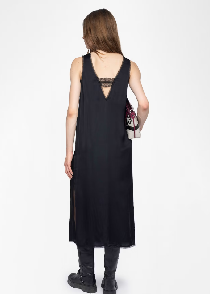 Zadig & Voltaire Renzo Lace Trim Long Satin Dress Black
