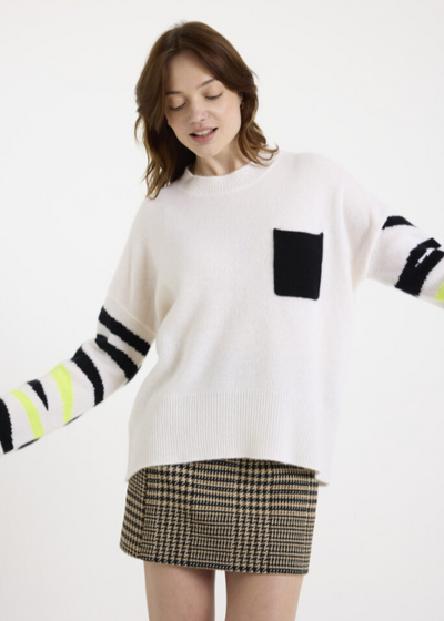 Brodie Pop Zebra Cashmere Boyfriend Sweater Organic White/Black Neon