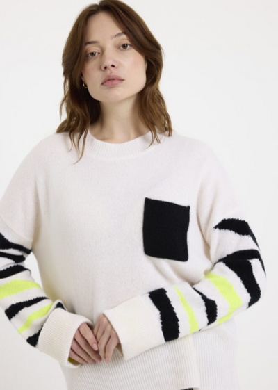 Brodie Pop Zebra Cashmere Boyfriend Sweater Organic White/Black Neon