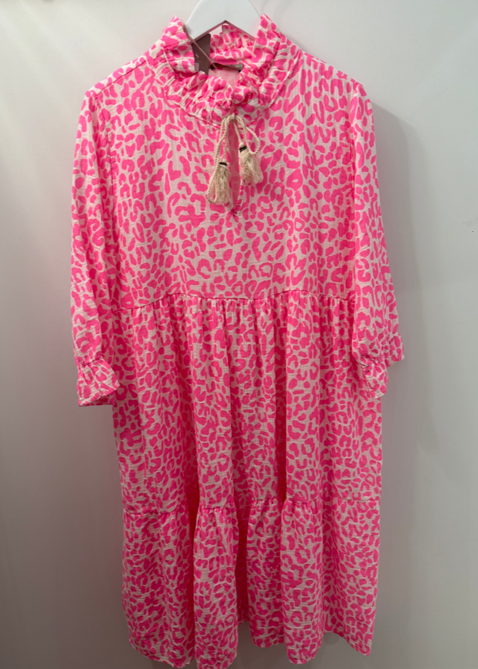 The Pink Door Cheetah Print Cotton Dress Neon Pink