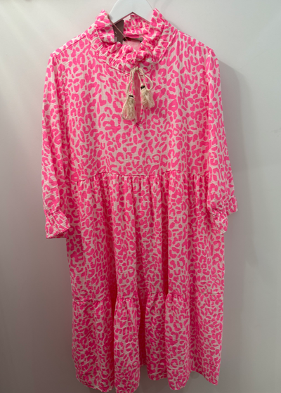 The Pink Door Cheetah Print Cotton Dress Neon Pink