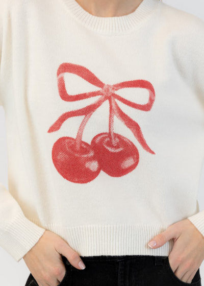 Lyla & Luxe Cherry Crew Neck Pull Over Sweater Off White