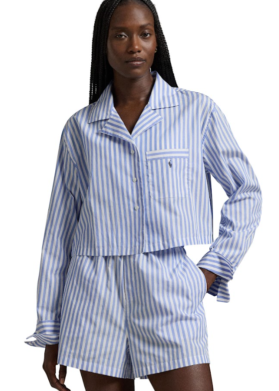 Polo Ralph Lauren Stripes Crop Boxer PJ Set White Cloud X Hydrangea