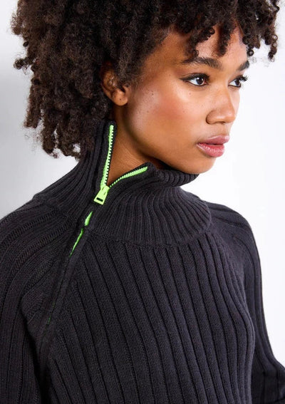 Lisa Todd Spellbound Full Zipper High Neck Ribbed Sweater - Black