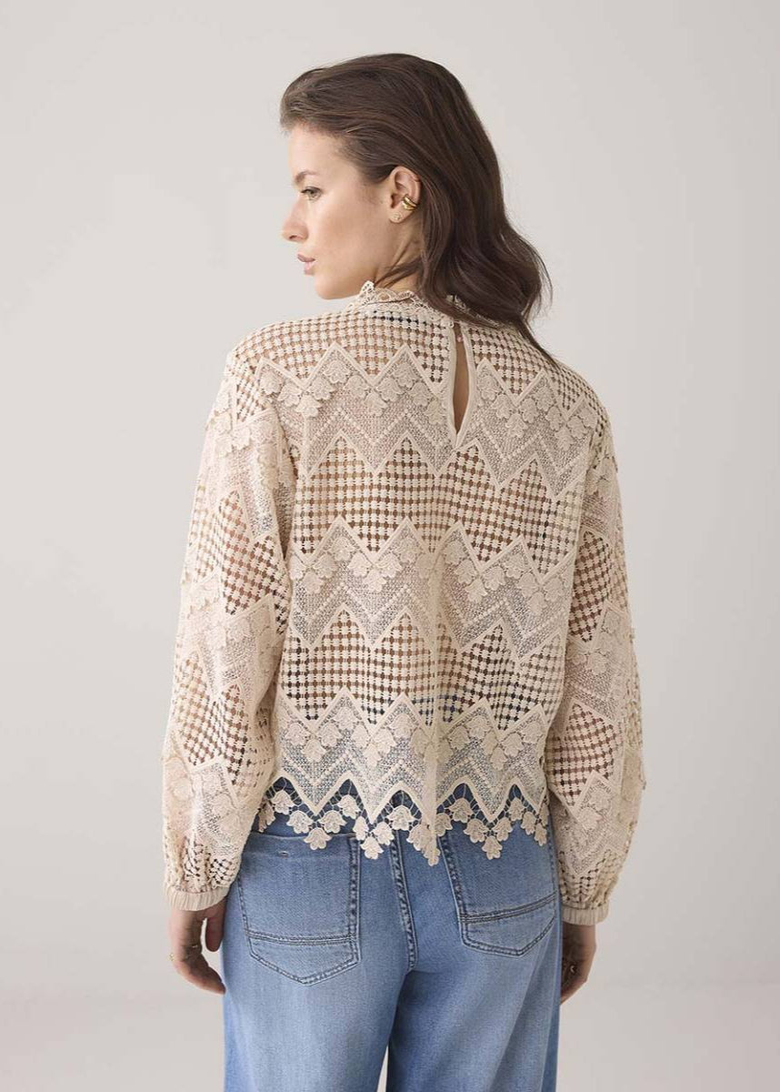 Summum Long Sleeve Top Lace Pebble Beige