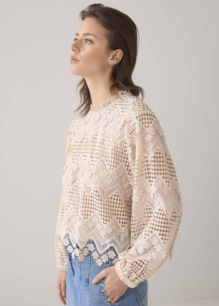 Summum Long Sleeve Top Lace Pebble Beige