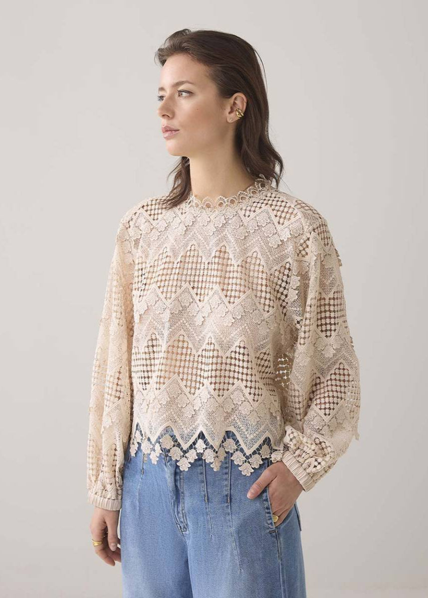 Summum Long Sleeve Top Lace Pebble Beige