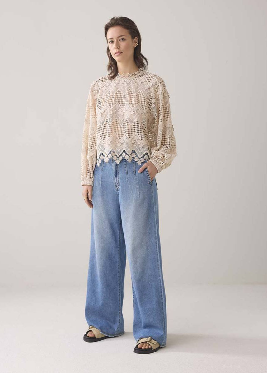 Summum Long Sleeve Top Lace Pebble Beige