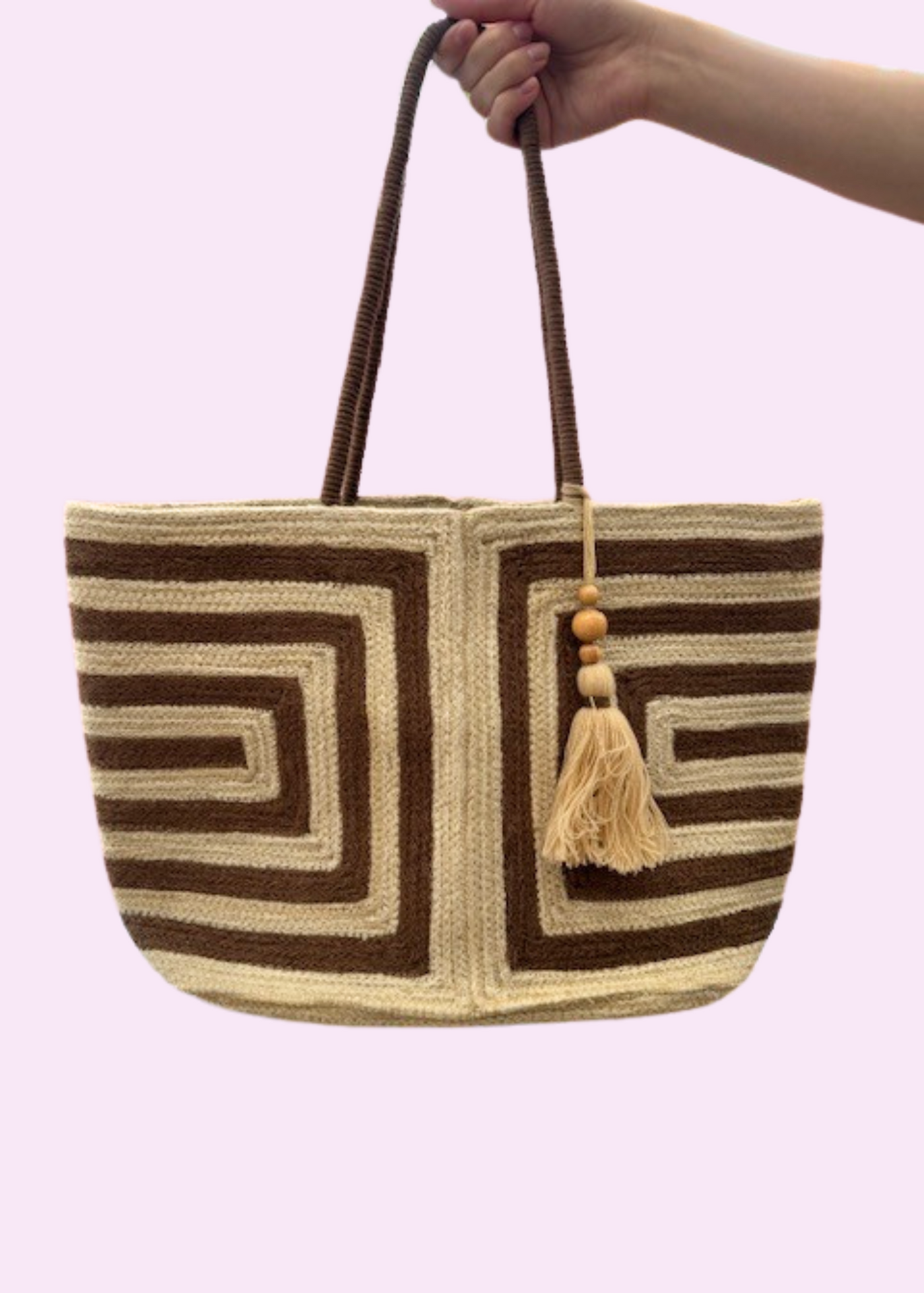 The Pink Door Natural and Brown Geometric Rattan Tote