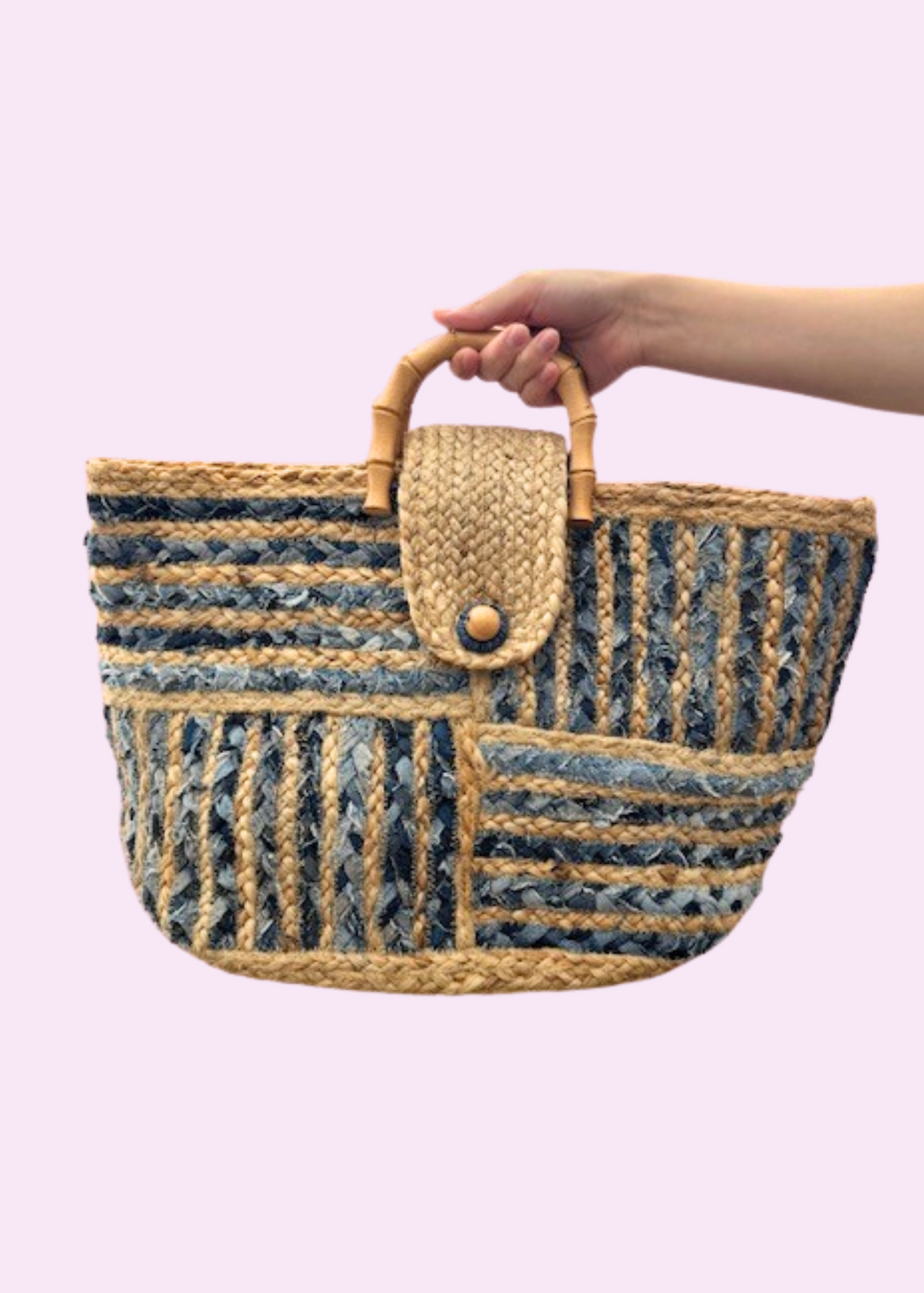 The Pink Door Denim and Rattan Tote