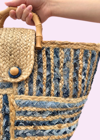 The Pink Door Denim and Rattan Tote