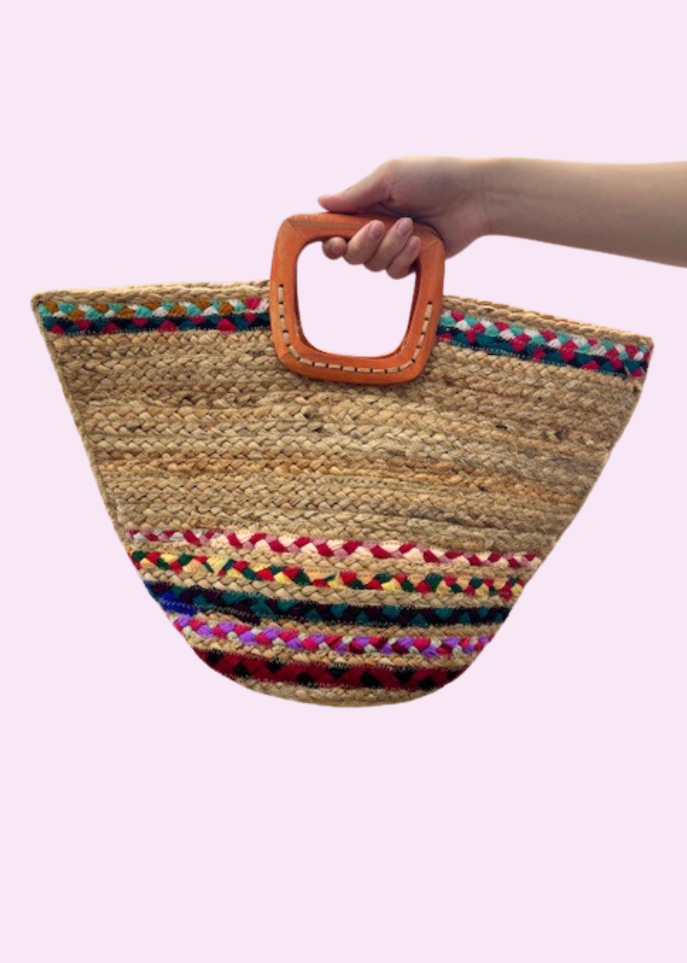 The Pink Door Orange Handle Rattan Tote