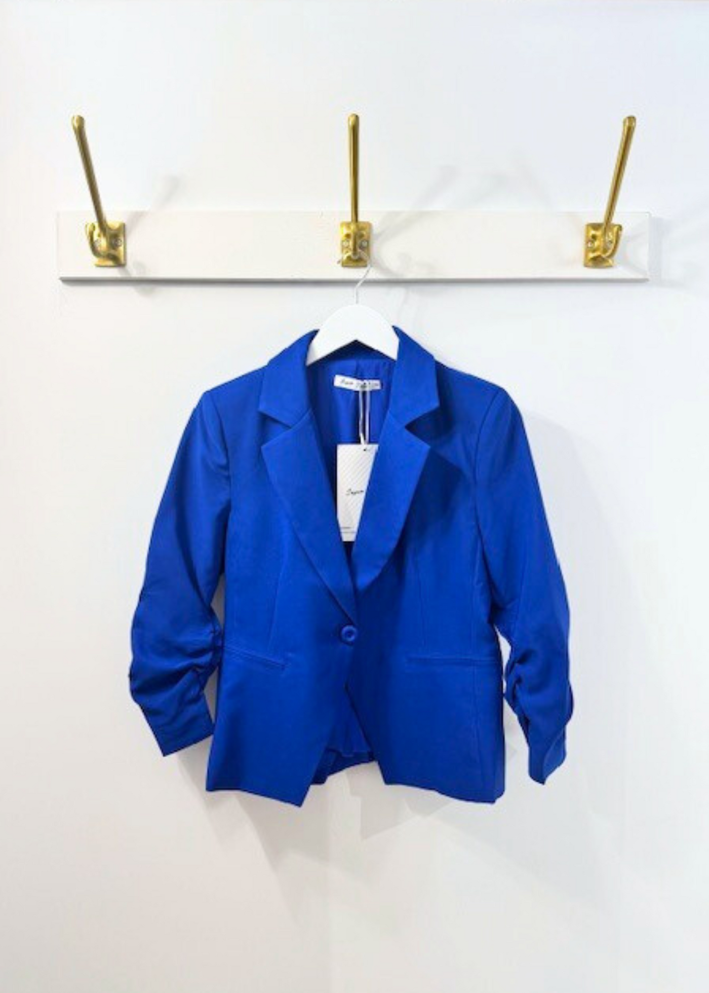 The Pink Door Ruched Sleeve Short Blazer Royal