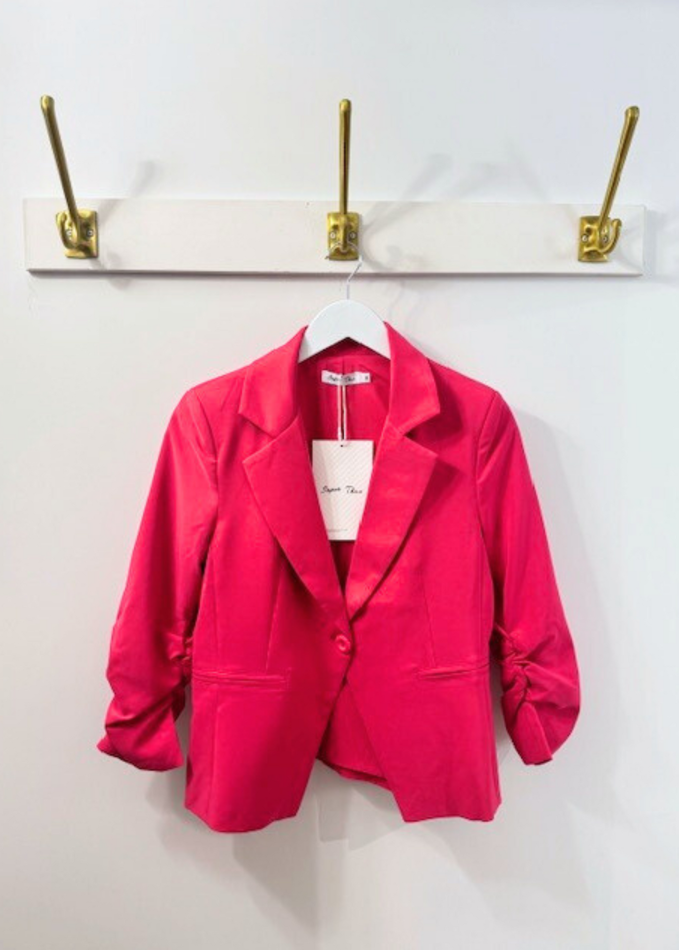 The Pink Door Ruched Sleeve Short Blazer Fuchsia