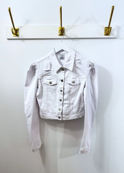 The Pink Door White Puff Sleeve Denim Jacket