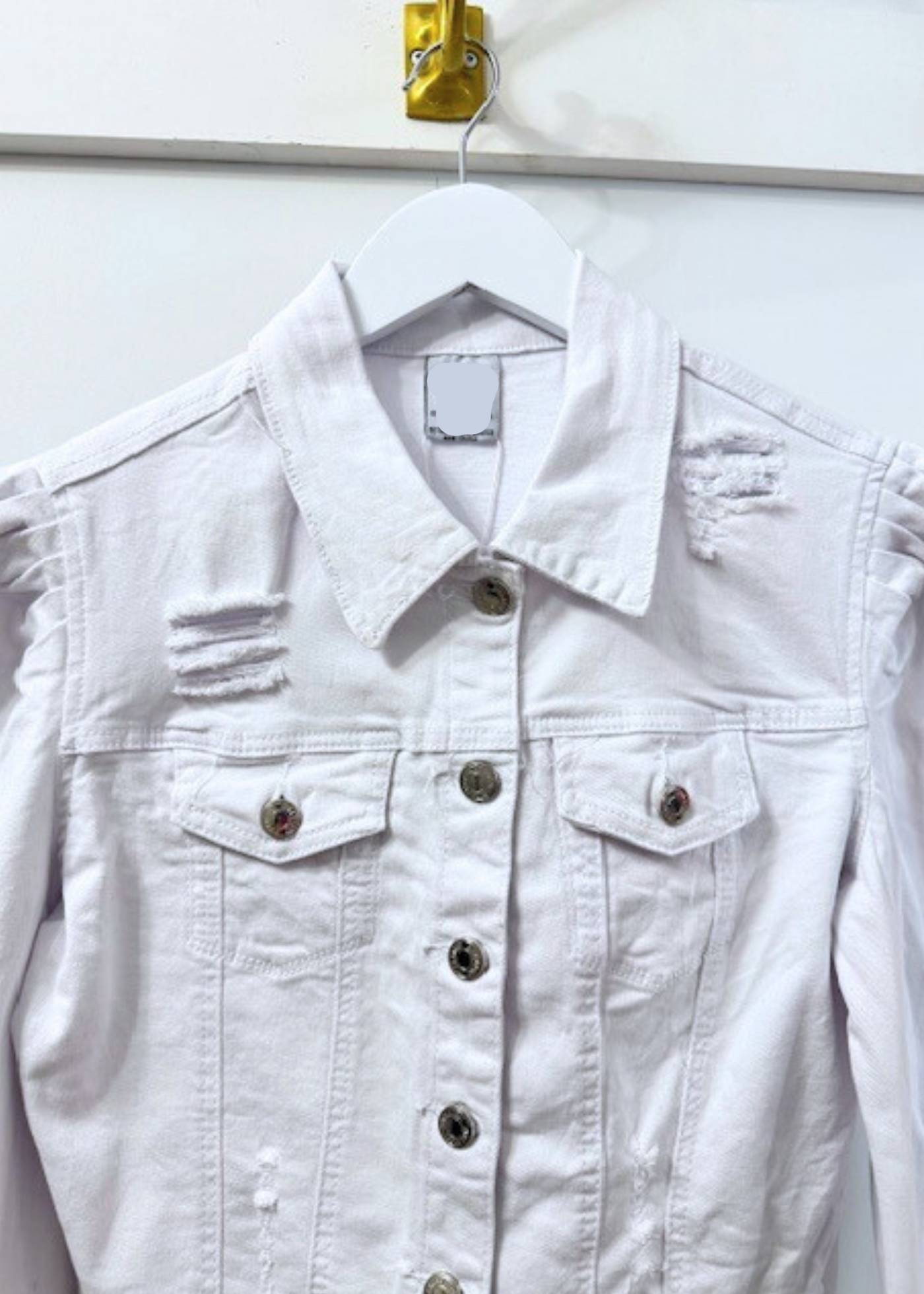 The Pink Door White Puff Sleeve Denim Jacket