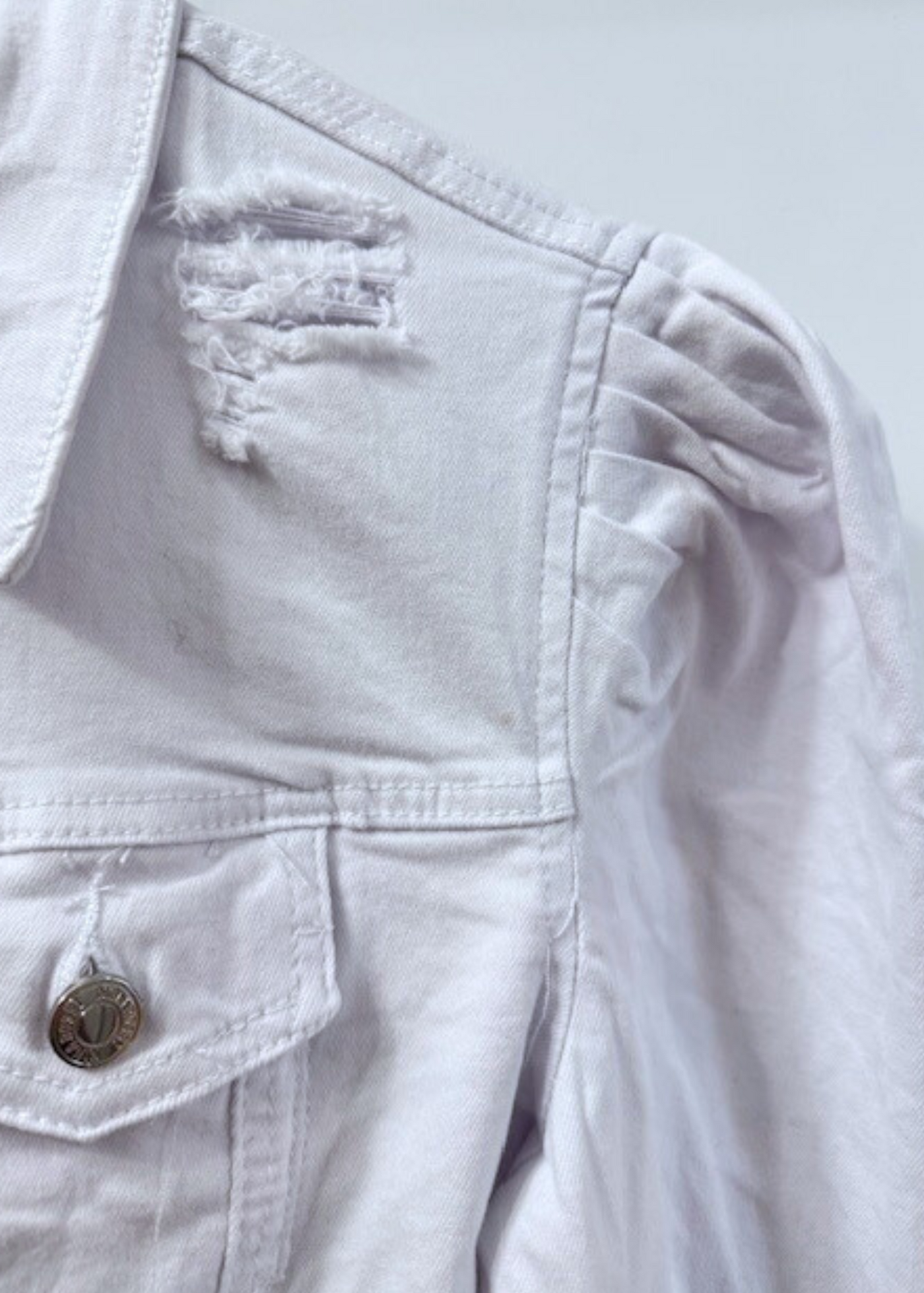 The Pink Door White Puff Sleeve Denim Jacket