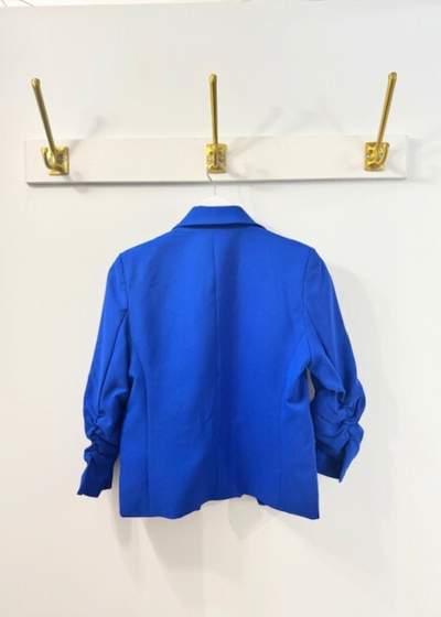 The Pink Door Ruched Sleeve Short Blazer Royal