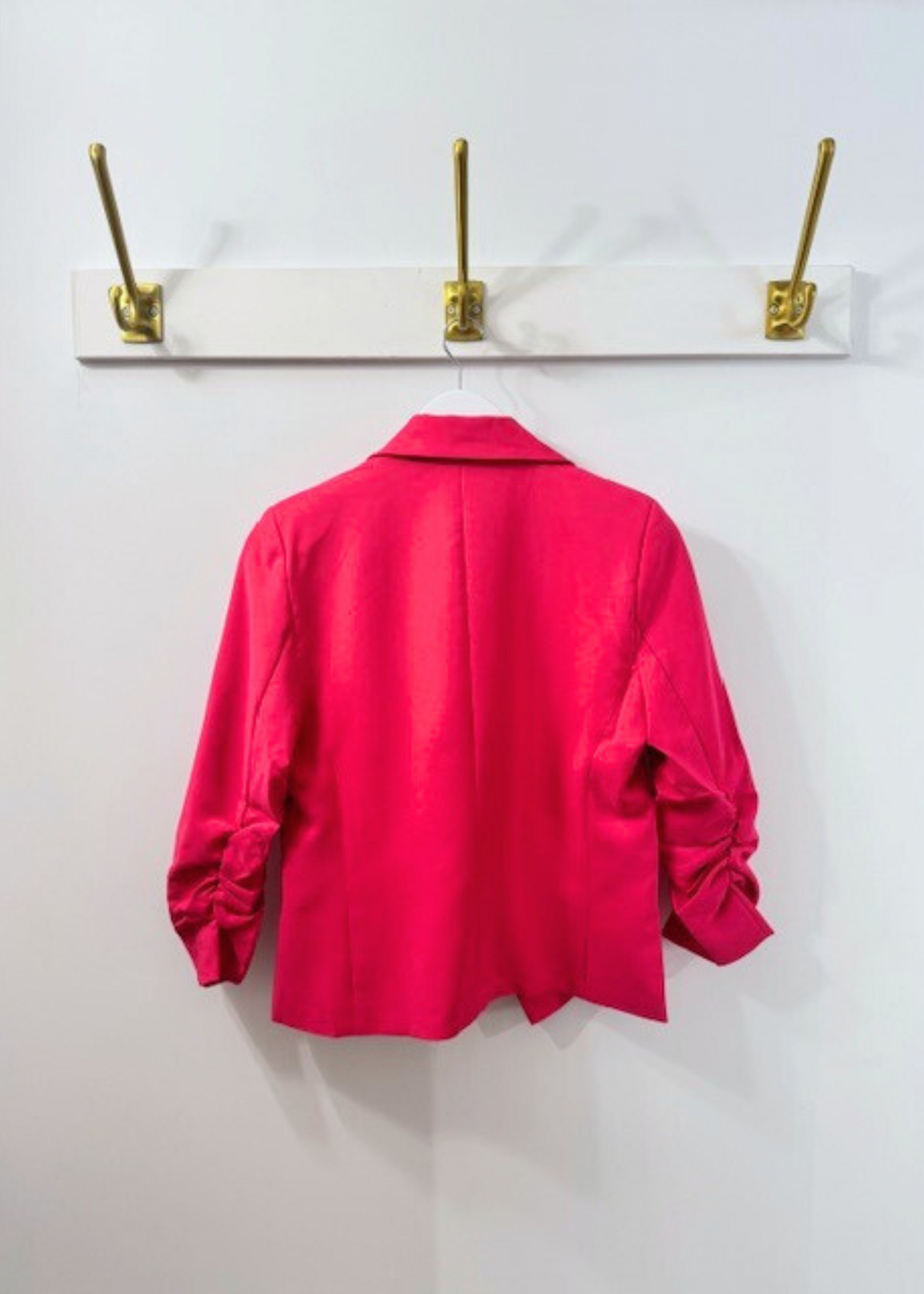 The Pink Door Ruched Sleeve Short Blazer Fuchsia
