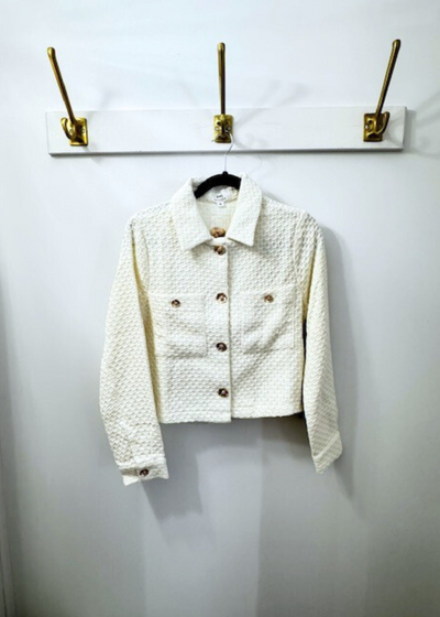 The Pink Door Textured Knit Gold Button Jacket Ivory