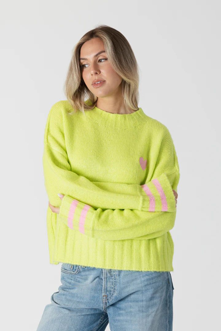 Lyla & Luxe Short Crewneck Sweater W/ Embroidered Heart Lime