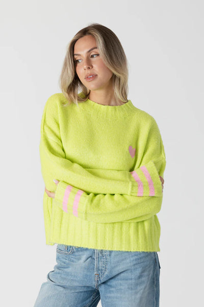 Lyla & Luxe Short Crewneck Sweater W/ Embroidered Heart Lime