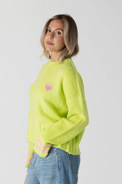 Lyla & Luxe Short Crewneck Sweater W/ Embroidered Heart Lime