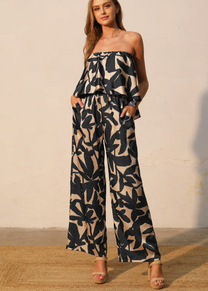 The Pink Door Black & Ivory Print Strapless Jumpsuit